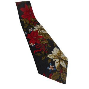 Vintage Poinsettia White Red on black floral Holiday Winter tie necktie